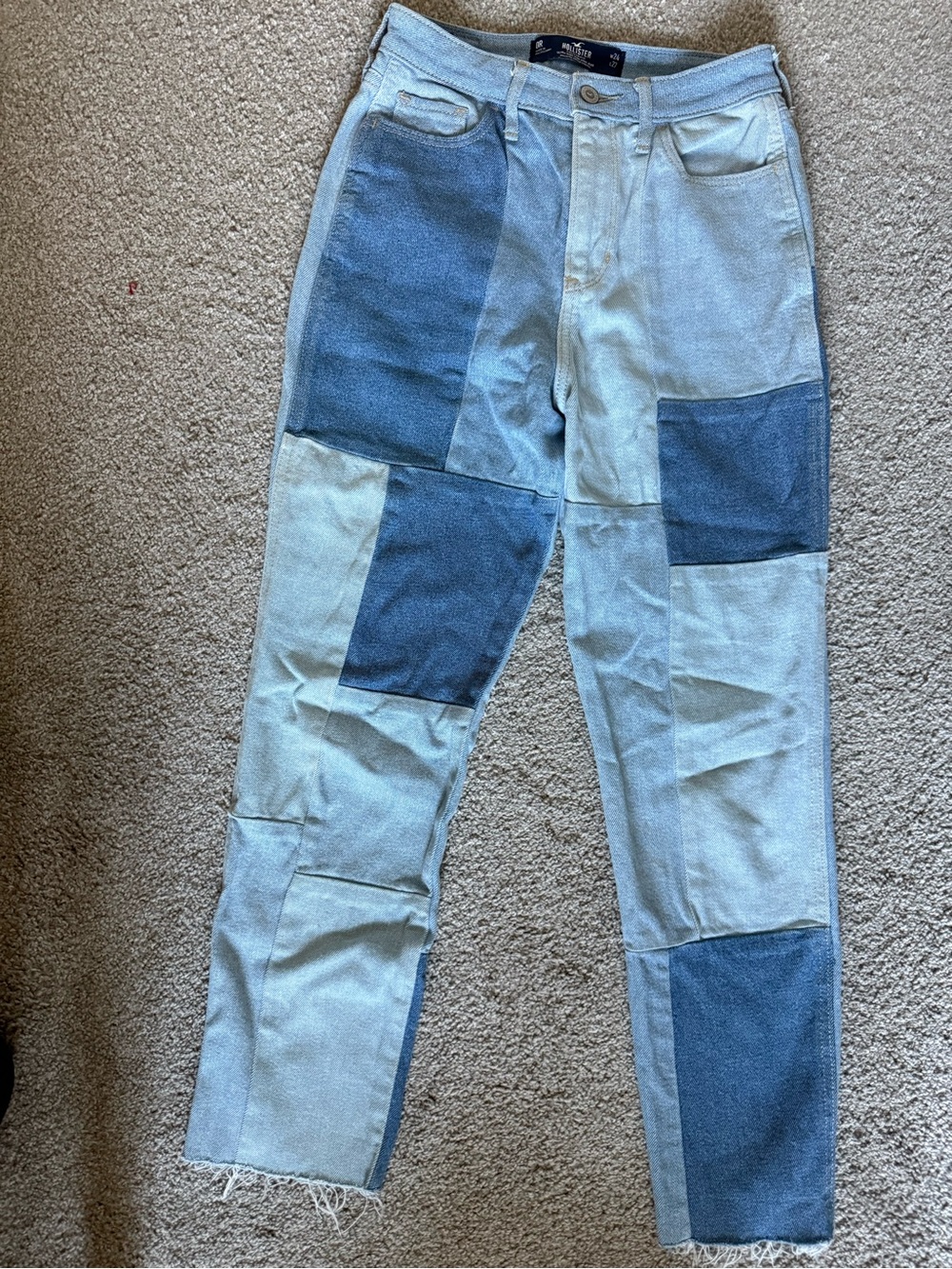 Hollister Patchwork Light and Dark Blue Ultimate High Rise Mom Jean